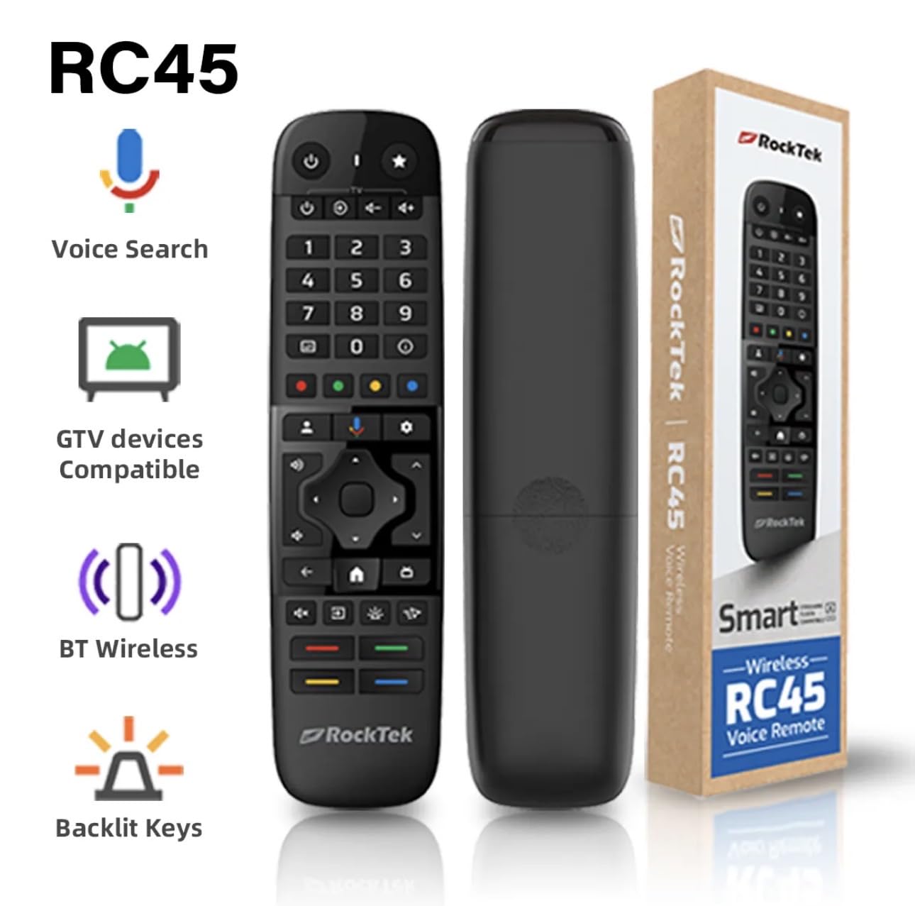 RockTek RC45 Bluetooth Voice Remote – Compatible with Google TV & Android TV, Air Mouse, IR Learning, Backlit Keys - 3