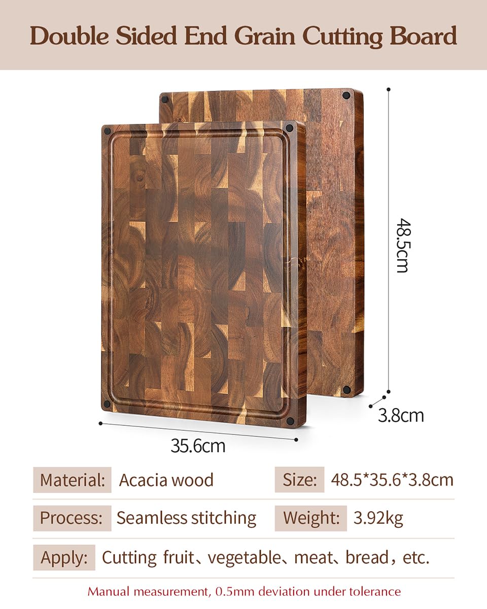 XINZUO Large Thick End Grain Acacia Wood Cutting Board- (19''L x 14''W x 1.5''T) Reversible Wooden Chopping Board with Non-Slip Feet - Image 2