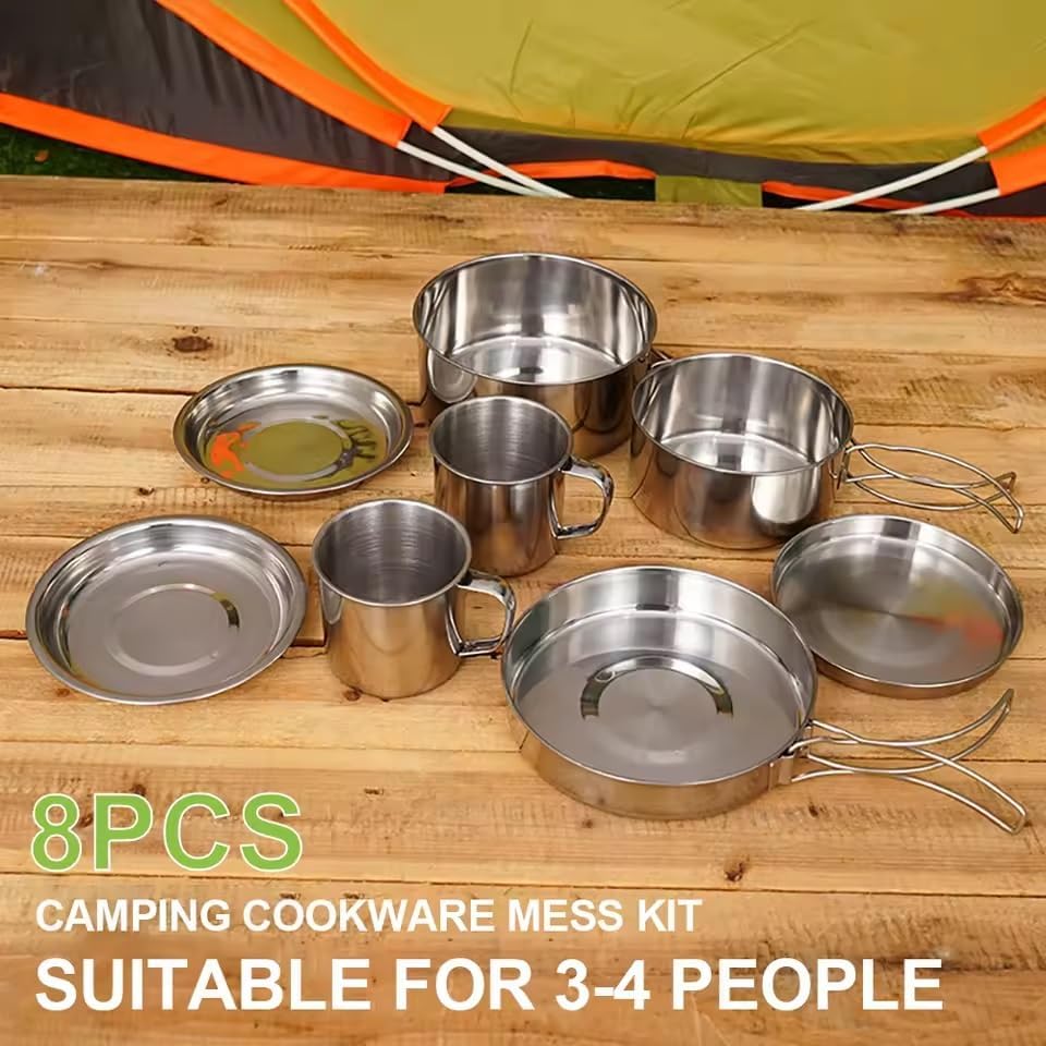 8pcs/Set Two Person Combo Camping Cookware Mess Kit Stainless Steel Cooking Pot and Pan Set with Plates Cups for Outdoor Hiking Backpacking