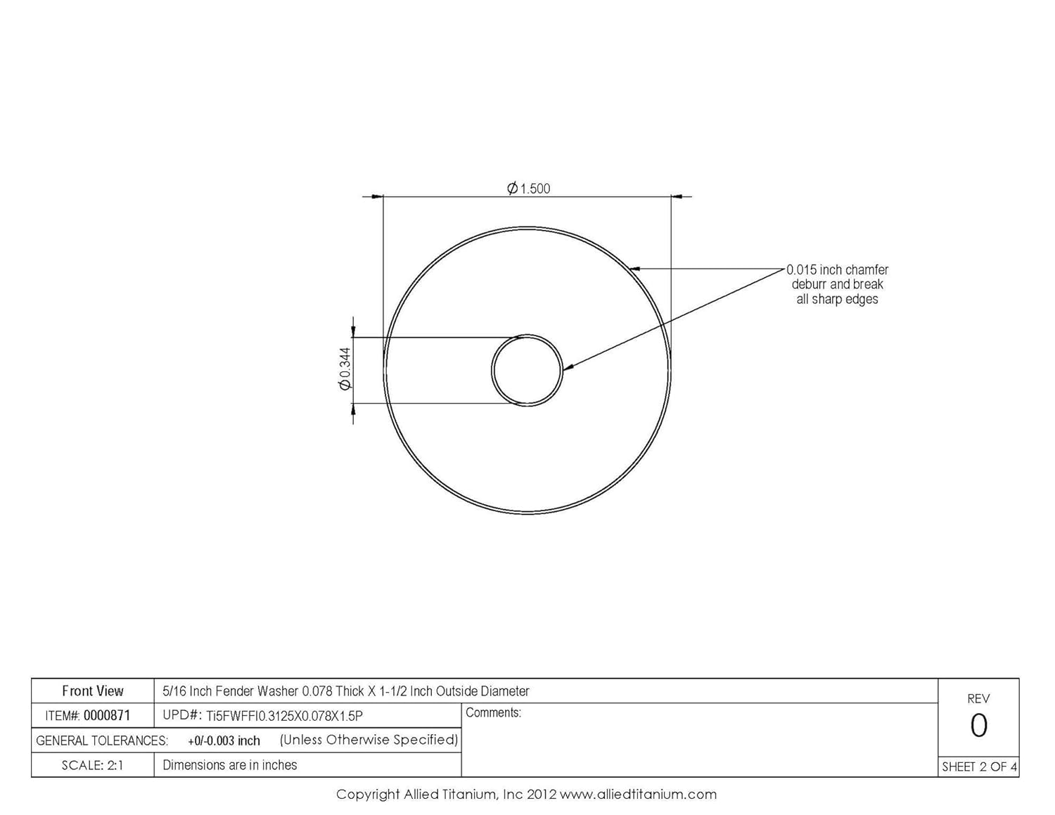0000871, (Pack of 5) 5/16 Inch Titanium Fender Washer 0.078 Thick X 1-1/2 Inch OD, Grade 5 (Ti-6Al-4V)