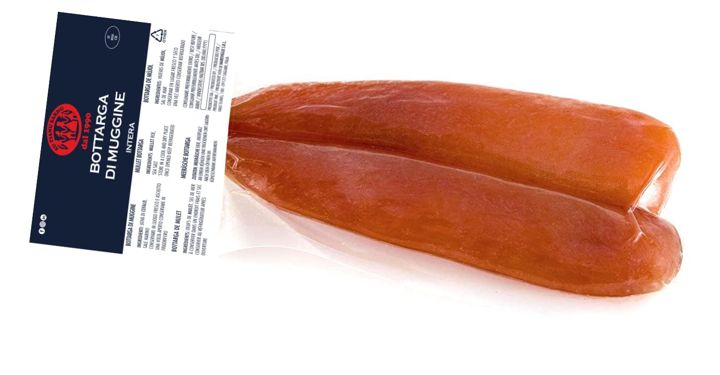 Bottarga di Muggine Su Tianu Sardu 80/90g - Lavorata a mano in Sardegna, Italia - Uova di muggine salate e essiccate - Caviale del Mediterraneo - Produzione artigianale sarda Kosher