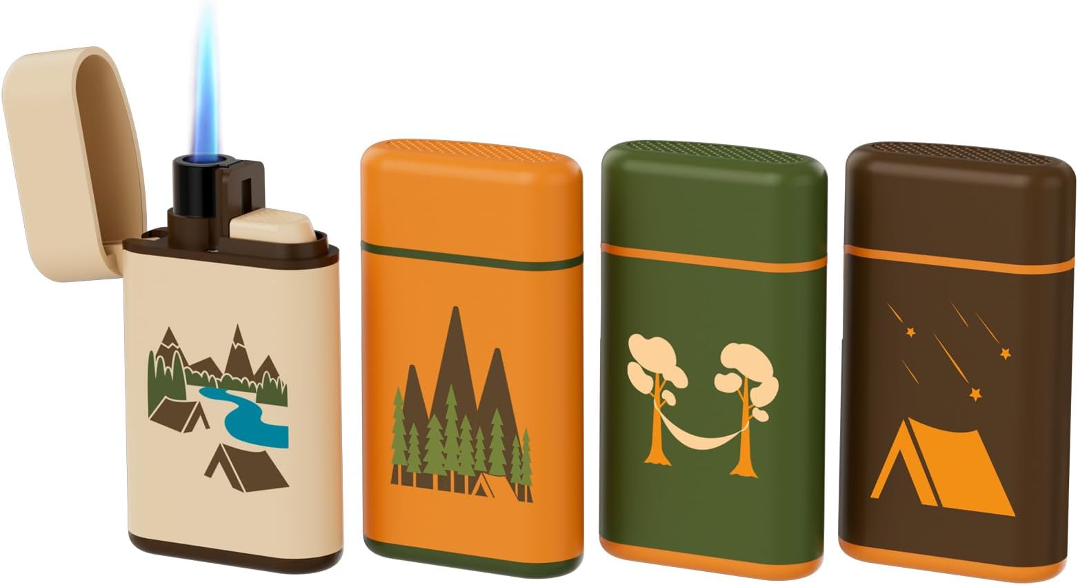 Outdoor Series Camper 4-Pack Assorted Designs, Refillable Butane Tank, Torch Flame, Prepping & Camping Supplies, Survival Lighters (Camper E)