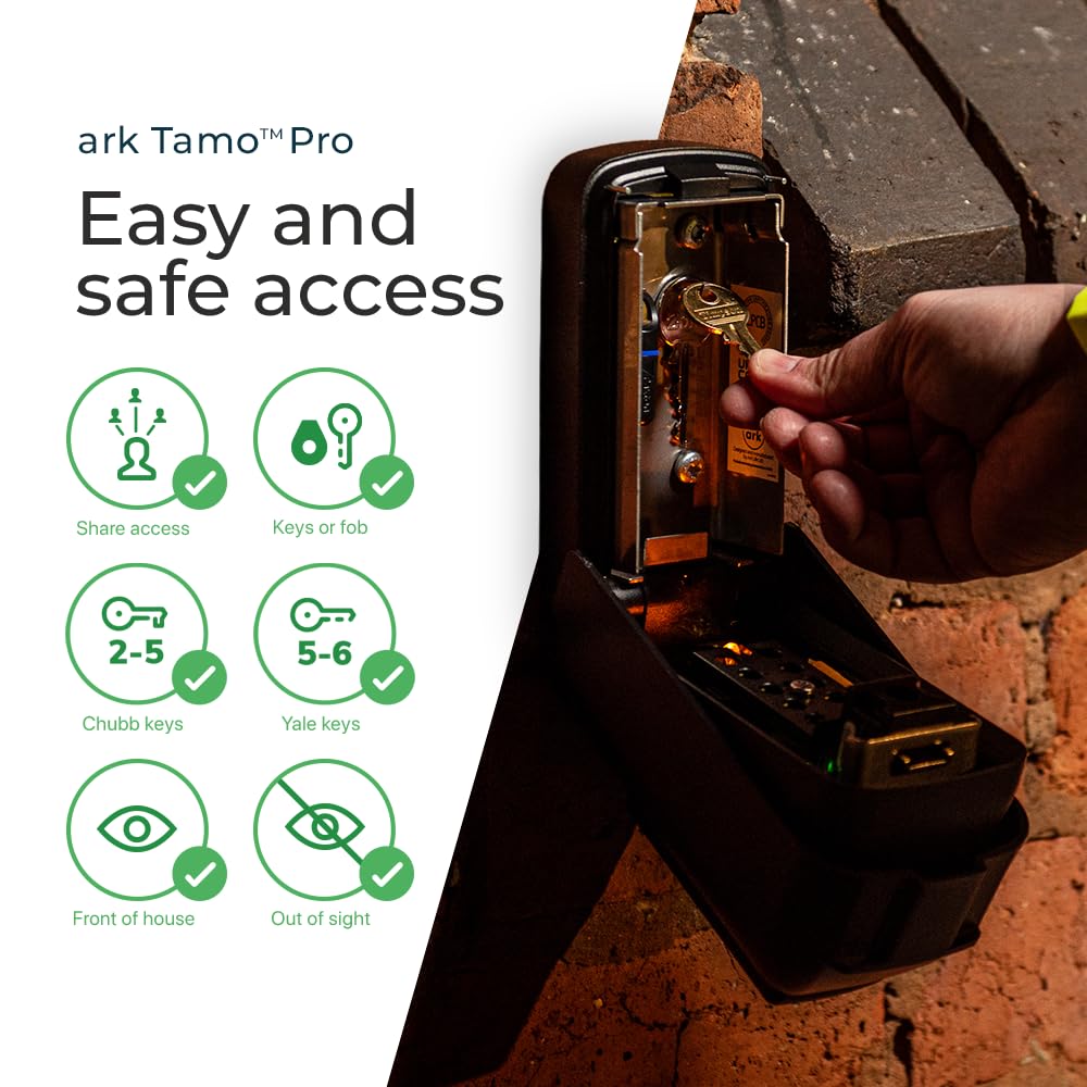 ark Tamo Pro - Caja de seguridad para llaves de pared para exteriores, con botones multipulsadores iluminados, caja de seguridad con combinación de código de 9,7 m, ideal para el hogar, Airbnb y