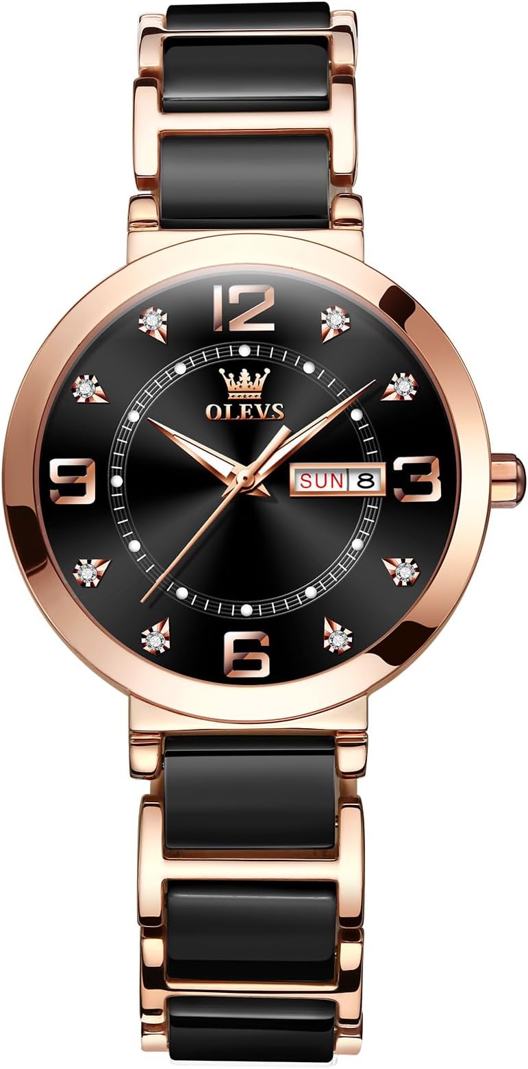 OLEVSOLVES Watch Women Rose Gold Black Ceramic Strap Waterproof Big Face Two Tone Women's Wrist Watch with Date Day Simple Ladies Watches Night Vision Luxury Elegant Luminous Watches for Women