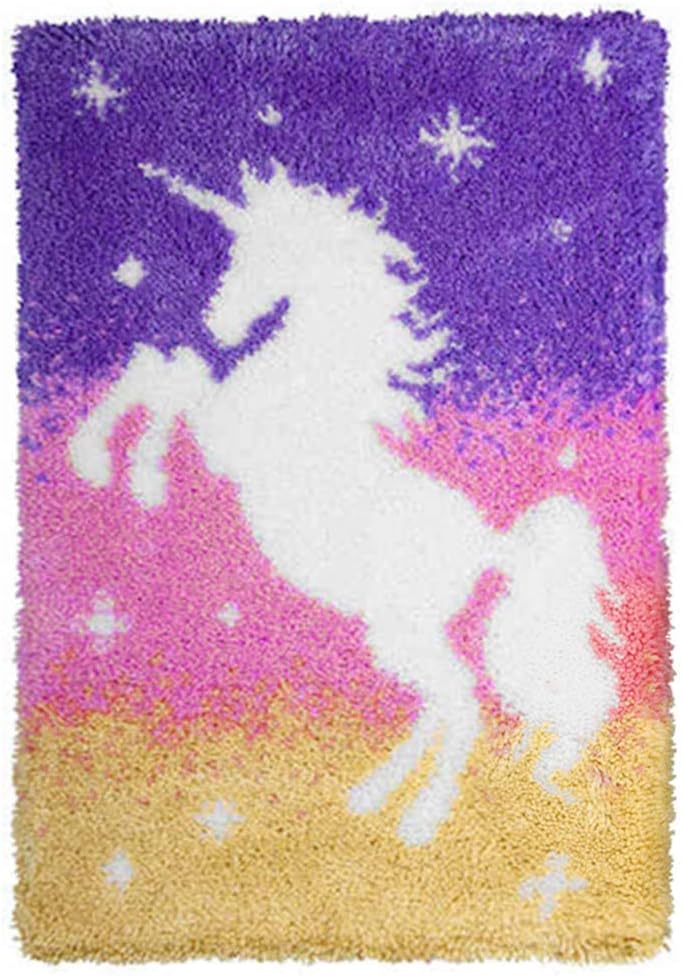DL-YTG Latch Hook Kits Rug Unicorn Crochet Yarn Cushion Colour Pre-Printed Canvas Cover Rug Needlework DIY Hook and Latch Kit Home Decoration 52x38cm/20 X15inch