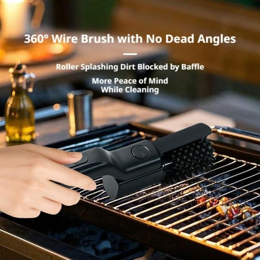 Spazzola elettrica per griglia, ricaricabile, ad alta coppia, spazzola rotante a 2 velocità, testa in acciaio inossidabile 304, setole anti-spargimento per manutenzione barbecue all'aperto
