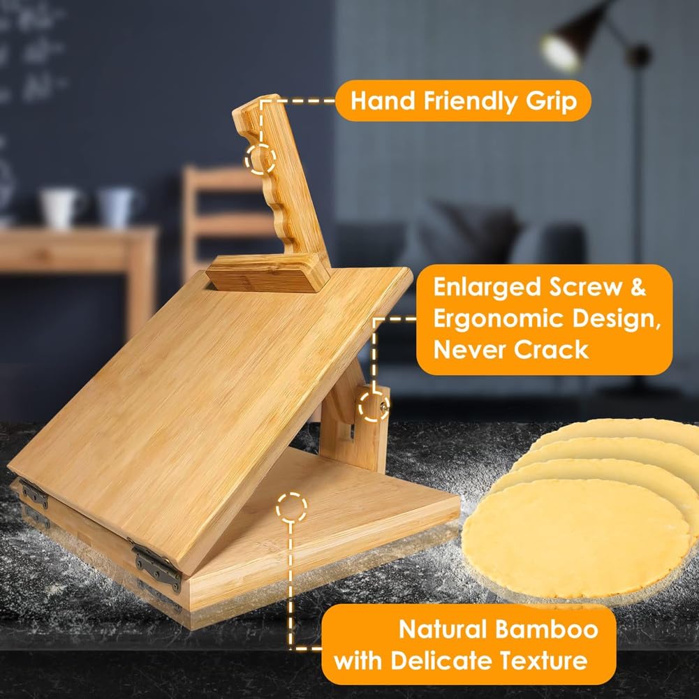 SweetSerenade Presse à tortilla de 25,4 cm avec rouleau à pâtisserie, grand moule à tortilla en bois de bambou avec 50 pièces de papier sulfurisé