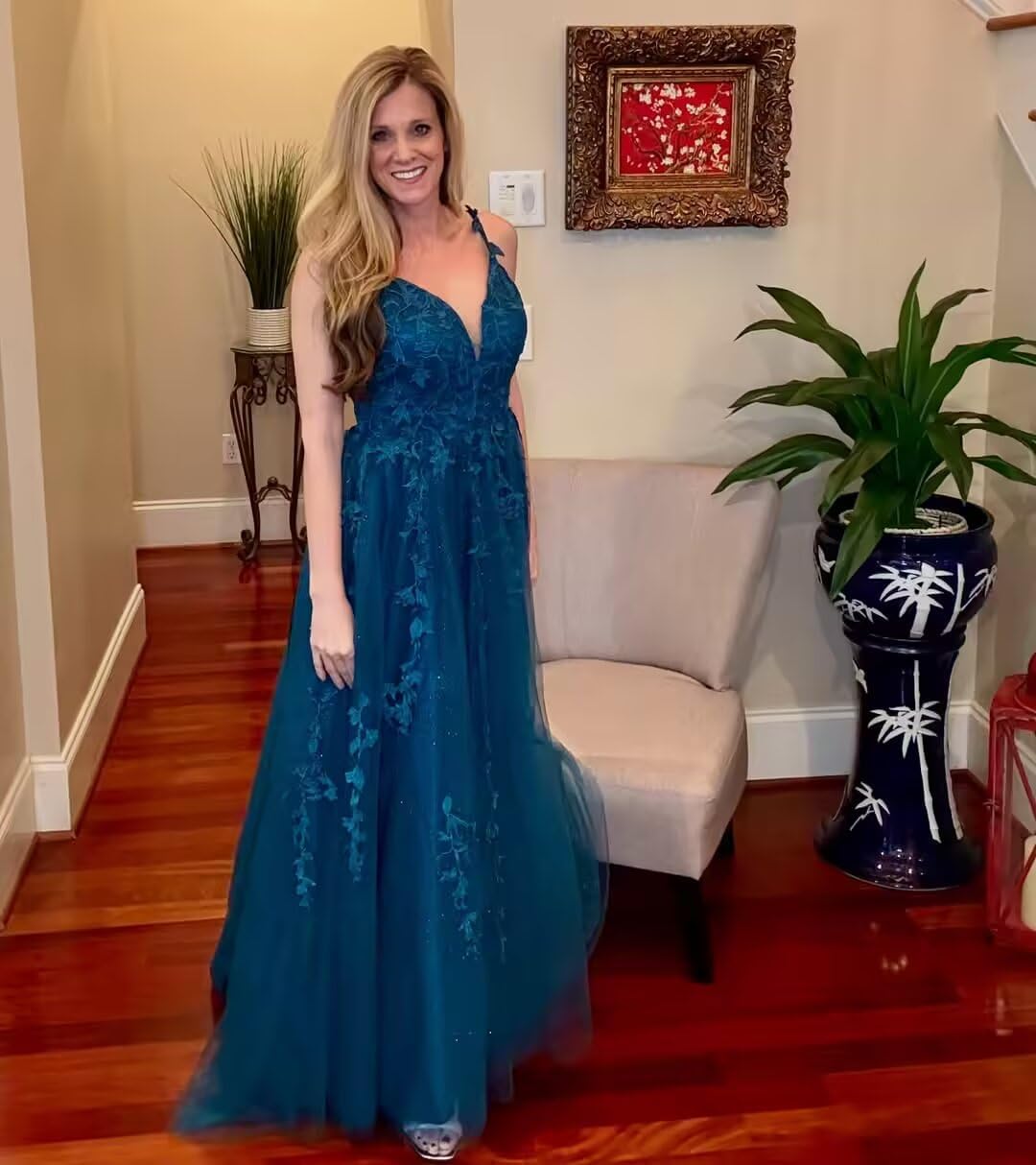 LORIE V Neck Glitter Tulle Prom Dresses for Women 2026 Lace Appliques Long Spaghetti Strap A-Line Formal Evening Ball Gowns