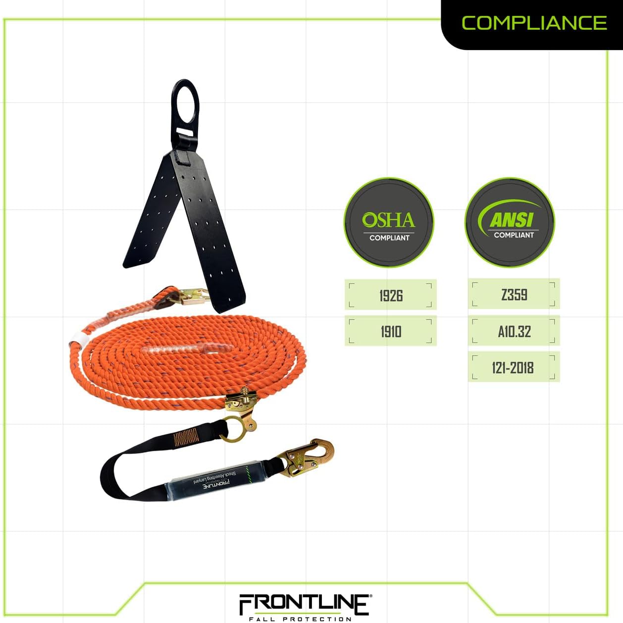 Frontline RK110V50 Combat™ Premium Complete Roofers Kit | Includes Combat Harness, Roof Anchor & Vertical Lifeline with Rope Grab | Safety Orange Visibility | Universal Fit | ANSI & OSHA Compliant