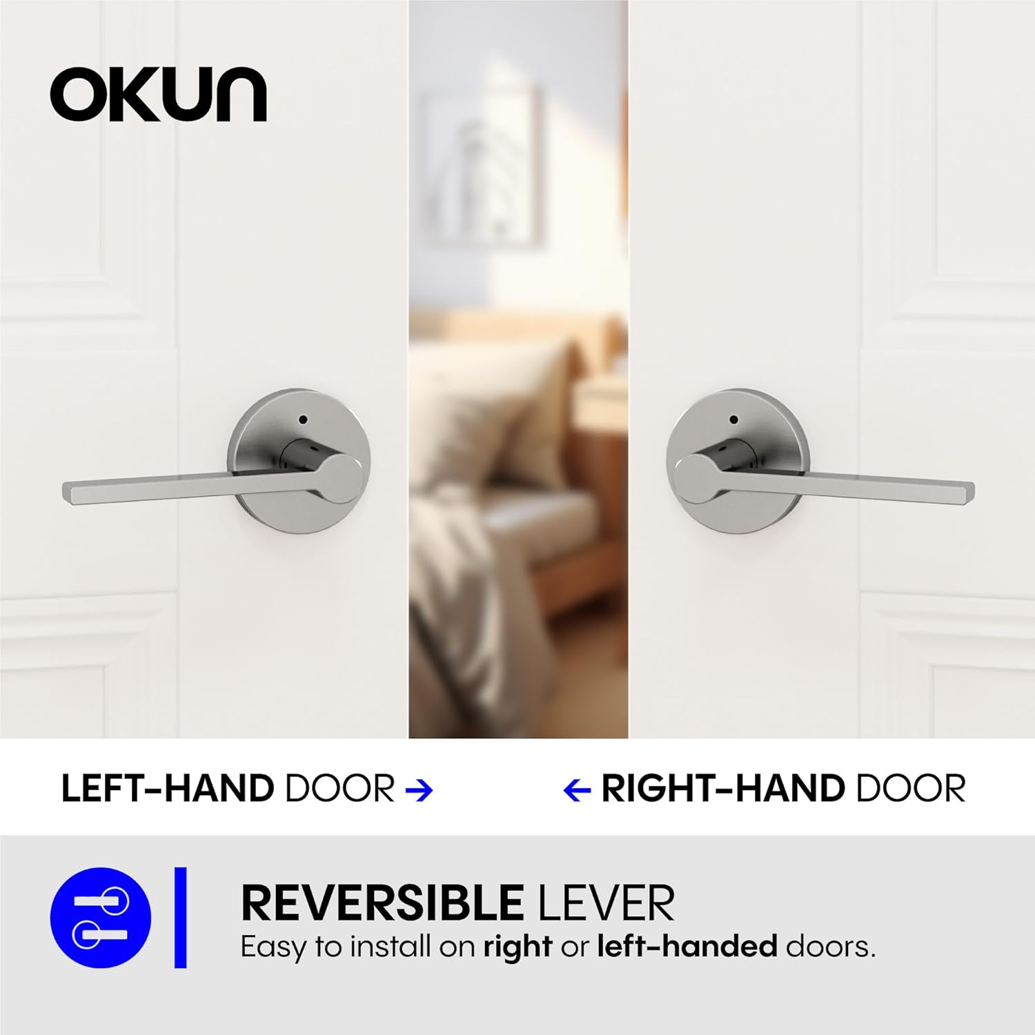 Okun Muse 2-Pack Brushed Nickel Privacy Door Levers – Push Button Lock, Reversible, Sleek Concealed-Mount Design for Bedroom & Bathroom