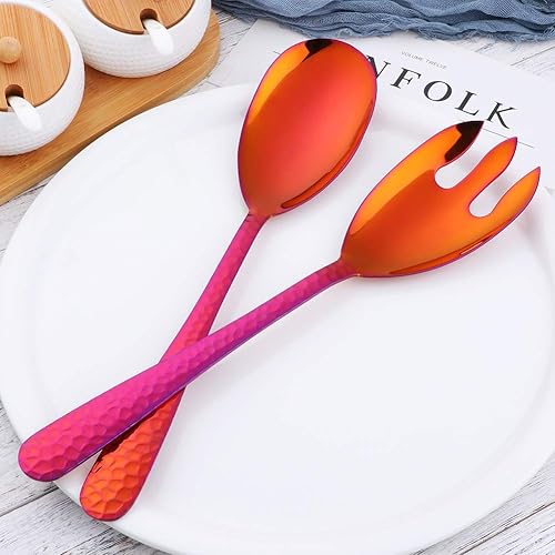 Miniatura 2 de Juego de cuchara y tenedor de ensalada, servidor de ensalada de acero inoxidable de 12 pulgadas, utensilios de servir rojo mágico, paquete de 2