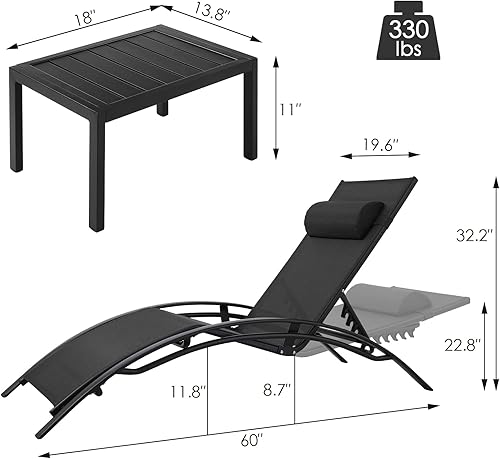 Miniatura 2 de Athlike Juego de 3 sillas de piscina para patio con reposacabezas 5 niveles ajustables para tomar el sol tumbonas reclinables con mesa auxiliar para