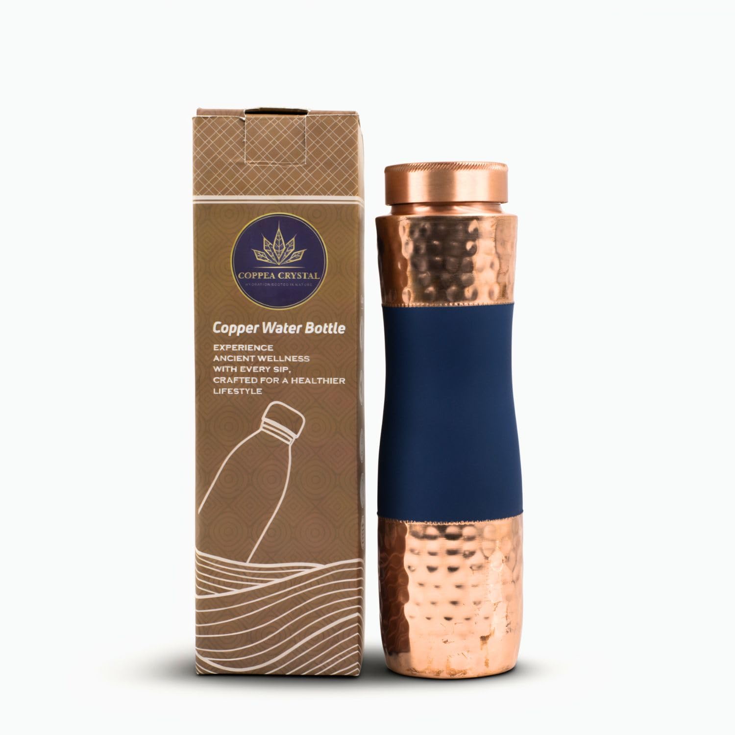 Coppea Crystal Navy Hammered Finish Pure Copper Water Bottle - 32 oz (950ml) - Leakproof Screw Cap - Eco-Friendly, BPA-Free - Perfect for Gym, Yoga, Travel & Office