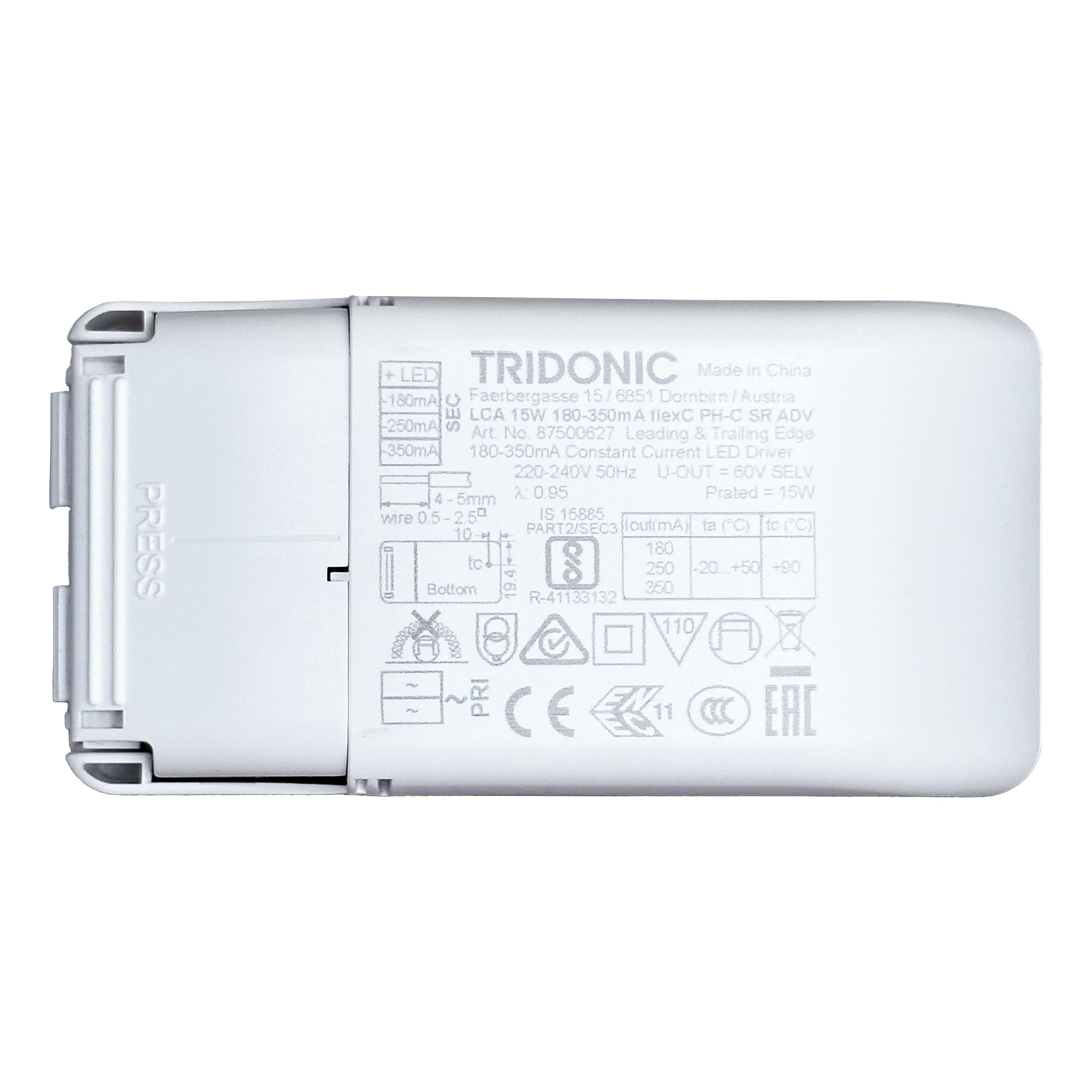 Tridonic LCA 15W 180-350mA flexC PH-C SR ADV LED Driver 87500627, Dimmable Constant Current SELV, 220-240V, 180/250/350mA Selectable, Phase Cut, IP20, 15W Max