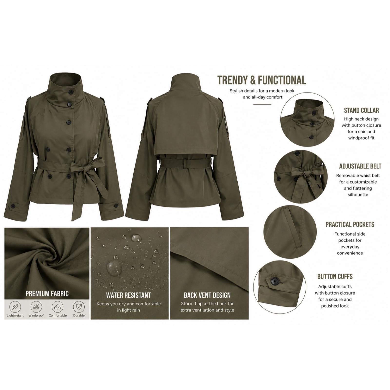 Damen Kurz-Trenchcoat Mit Stehkragen, Doppelreiher Und Gürtel Winddicht