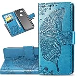 COTDINFOR Etui für Google Pixel 3A XL Hülle PU Leder Cover Schutzhülle Magnet Tasche Flip Handytasche im Bookstyle Kartenfächer Lederhülle für Google Pixel 3A XL Flower Butterfly Blue SD