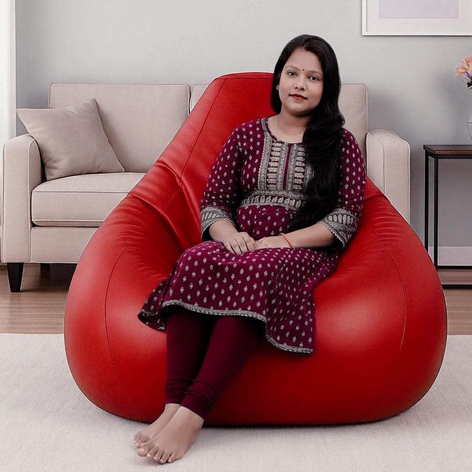 Image of Bean Bag Cover, Faux Leather, 66 x 86 x 112 cm, Indoor Gaming and Reading Chair (RED, XXL, Solid)