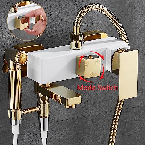 Robinet de baignoire avec douchette à main 2 fonctions blanc or