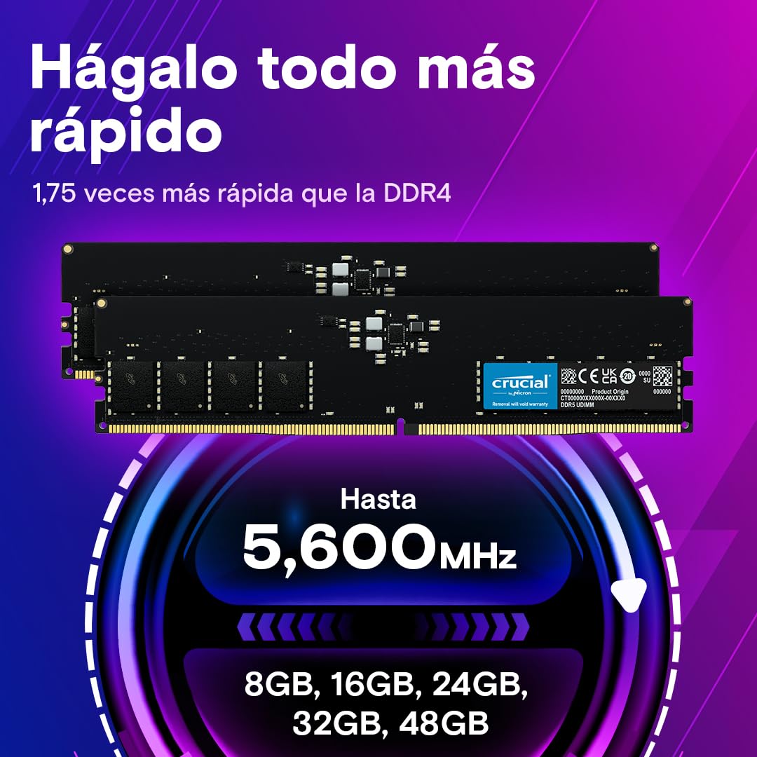 Crucial RAM DDR5 16GB 4800MHz, Memoria PC, CL40 - CT16G48C40U5