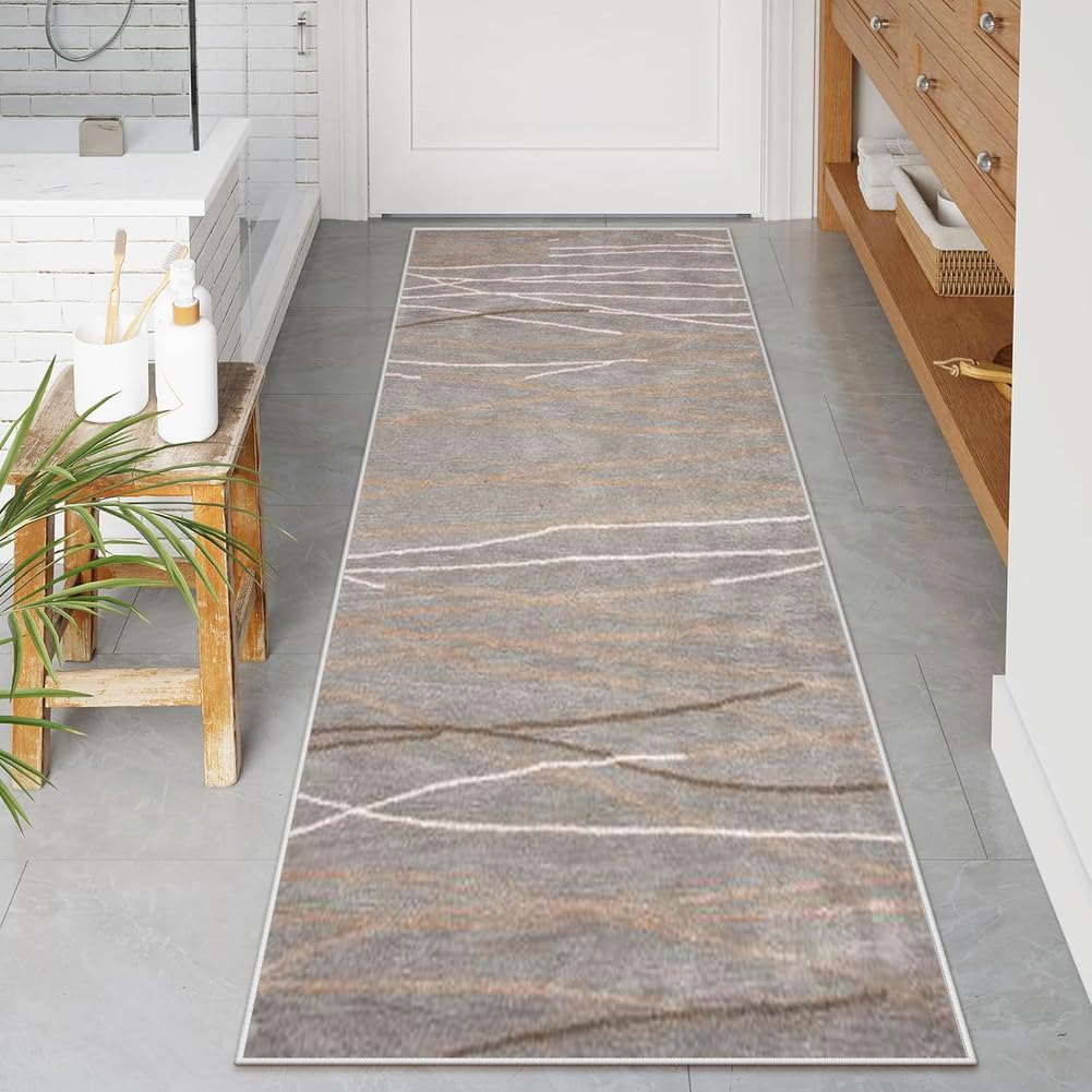 Tappeto Cucina Antiscivolo Lavabile, Passatoia per Corridoio e Ingresso,Marrone a righe，100 x 150 cm