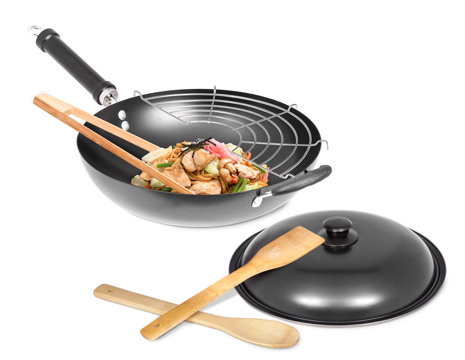 Buy 12” Carbon Steel Wok with Wok Spatula, Tongs, Spoon, Grill, and Lid