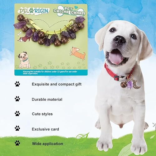 Miniatura 5 de 8 dijes de amatista natural para mascotas, collar de luna y estrella, corazón, campanas de cristal con colgantes de aleación para gato, perro,