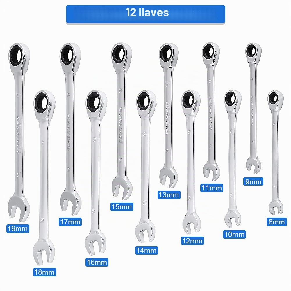 Cocoarm Juego de llaves de carraca de Maul, 12 piezas juego llaves inglesas, llaves de carraca de cromo vanadio, Juego de Llaves de Trinquete Combinadas de 72 Dientes, llaves de carraca de 8-19 mm