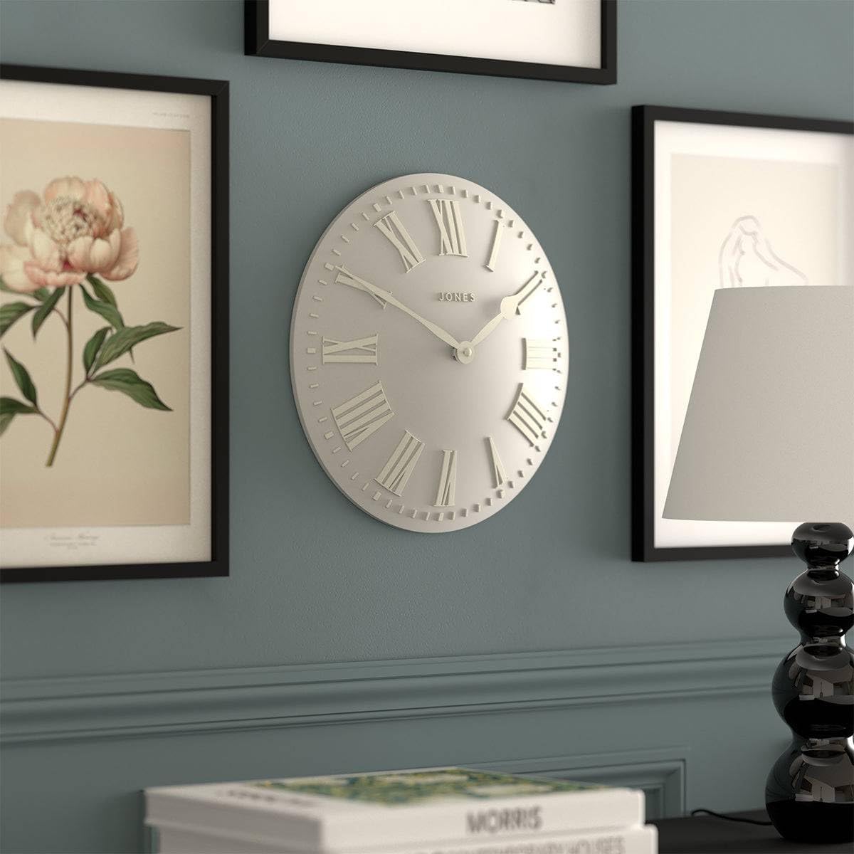 JONES CLOCKS® Strand Wall Clock | Modern Classic Convex Clock | 12 inch | Pale Gray | Roman Numerals | Ideal for The Kitchen, Living Room, Office or Bedroom