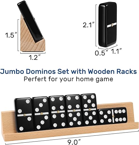Miniatura 12 de Juego de dominó jumbo para adultos con 4 bastidores de madera/bandejas, juego de viaje de 6 dominó dobles con funda portátil, juego de dominó doble