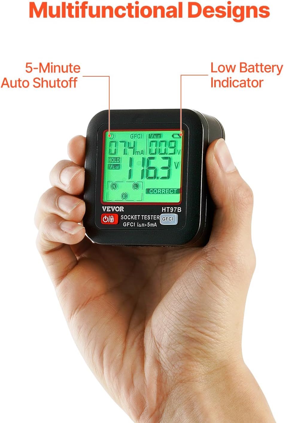 VEVOR Outlet Tester, Electrical GFCI Trip Tester, LCD Display Receptacle Detector for 7 Common Wiring Faults, 3 Prong Socket Detector with Auto Shutoff & Low Battery Indicator, CAT II 300V Rating