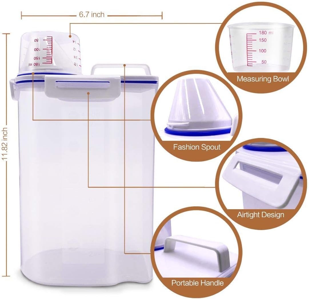 TIOVERY Pet Food Storage Container, Small Dog Food Container Airtight Plastic Dispenser with Graduated Measuring Cup, Pourable Spout and Portable Collapsible Dog Bowl for Cats Birds Seed : Pet Supplies