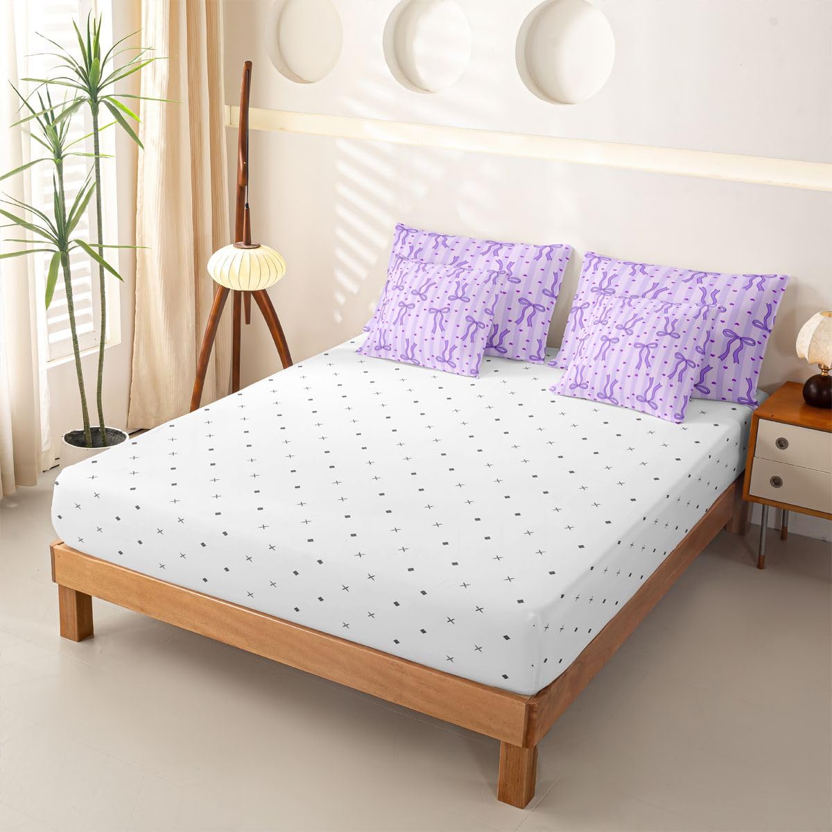 Loussiesd Copripiumino con lenzuola, 7 pezzi, per letto singolo, con grazioso fiocco kawaii, cuori, letto in una borsa, per bambini, ragazzi e ragazze, set di biancheria da letto a righe geometriche