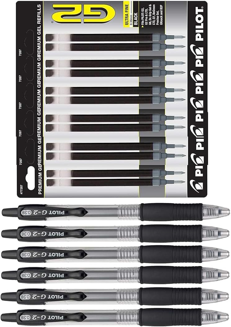 G2 Premium Refillable & Retractable Rolling Ball Gel Pens with Refills, Ultra Fine Point, Black Ink, 12 Count Bundle with Plastic Pouch