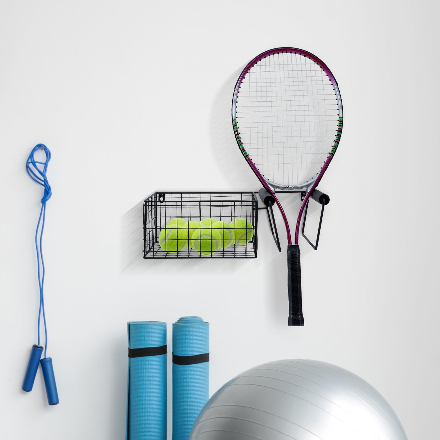 MyGift Hanging Metal Tennis Racquet and Tennis Ball Storage Basket Rack, Wall Mounted Racket Holder