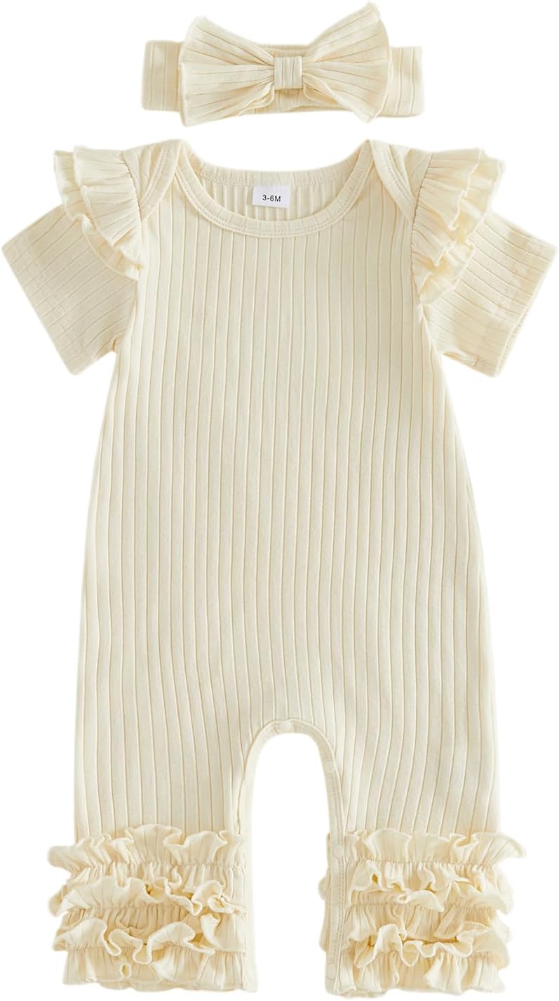 Newborn Baby Girl Clothes Jumpsuit Ruffle Trim Short Sleeve Romper Bodysuit Headband Coming Home Hospital Outfits