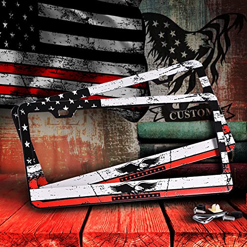 Image of License Plate Frame for U.S.-spec License Plates 2 Pack with Screw Caps, USA Flag with Eagle Style, Newly Upgraded Aluminum Material