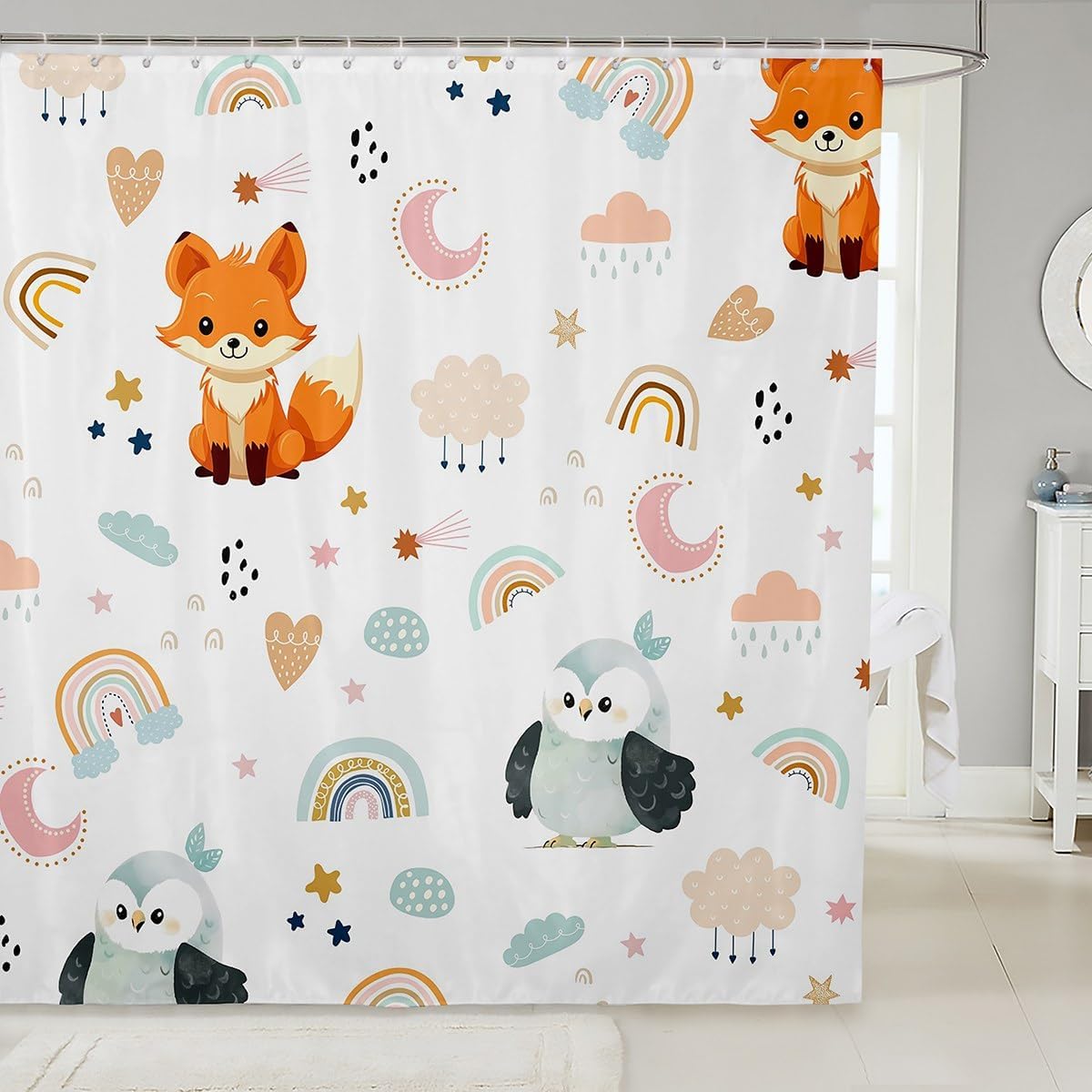 Cute Rabbit Shower Curtain,Cartoon Rainbow Bathroom Curtain,Colorful Flowers Leaves Mushroom Waterproof Curtain for Kids Boys Girls Room Decor Nature Animals Plant Bath Curtain,12 Hooks,72"Wx78"L