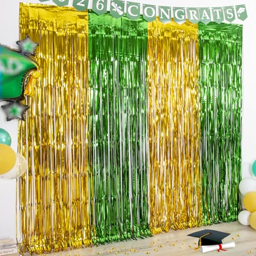Image of LOLStar Graduation Party Decorations, 2 Pack Green Gold Foil Fringe Curtain | 3.3 x 6.6 ft Tinsel Streamers Backdrop, Graduation Photo Booth Backdrop for Class of 2026, Prom and Grad Party Decorations