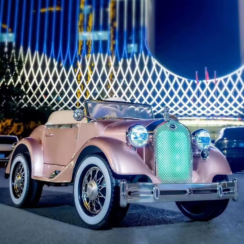 ft-7988 12v vintage retro ride-on car for kids | 4x4 battery operated electric car with remote control, leather seat, music, led lights, rocking function (1–9 years) (pink)