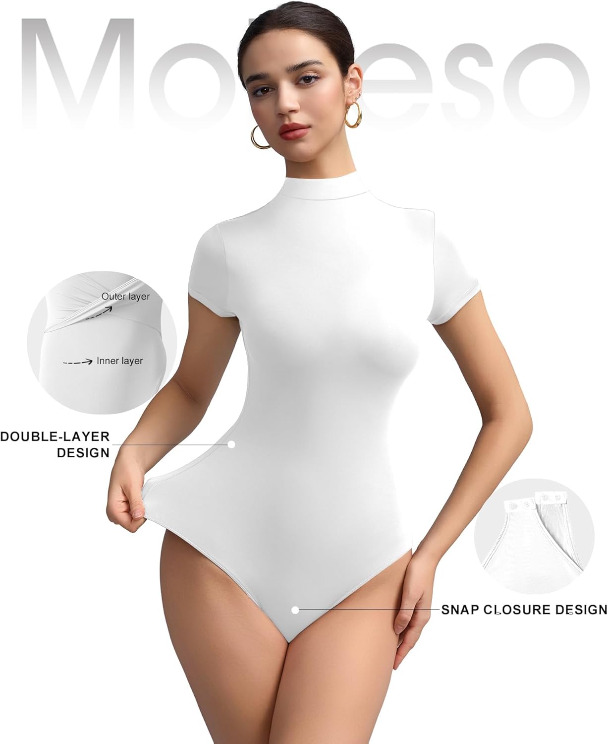 Women's Mock Neck Short Sleeve Bodysuit Double-Lined Seamless Body Suits for Women Basic T-Shirt Tops - Image 4