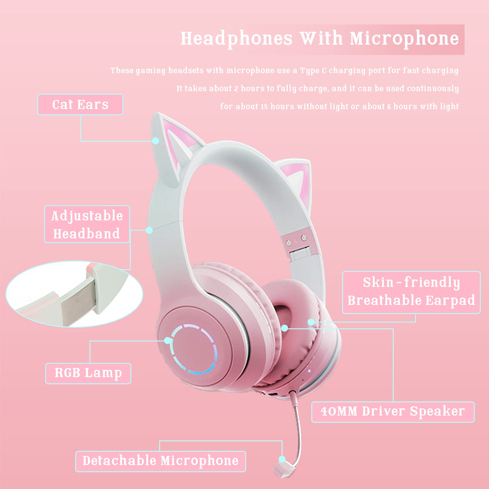 Gugxiom Auriculares Cat Ear, Auriculares Inalámbricos para Juegos A Través De Bluetooth 5.1/3.5mm AUX Cable, Auriculares Plegables con Luces LED De 7 Colores Y 4 Modos LED para Niñas, Adultos(Rosado)