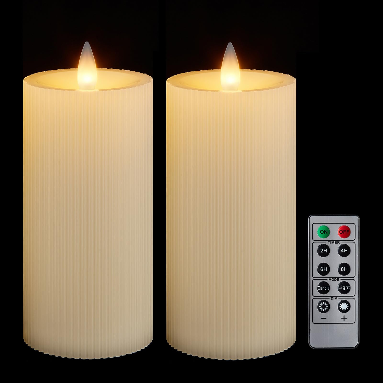Candele a pilastro senza fiamma a righe tremolanti con timer remoto, candele a batteria fino a 400 ore, fiamma in movimento 3D, candele in vera cera, set di 2, 7 x H6 pollici, telecomando