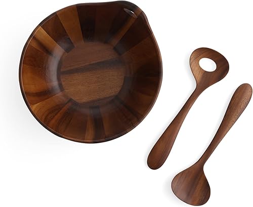 Miniatura 2 de Nambe Ensaladera de madera portátil con servidores, juego de 3 piezas, ensaladera grande de madera de acacia, cuenco para mezclar con cucharas de