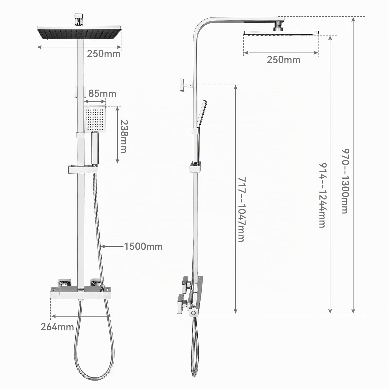 Auralum Colonna Doccia con Miscelatore Termostatico, Miscelatore Doccia con Saliscendi Doccia in Acciaio Inox Altezza Regolabile 97-130cm, Asta Doccia con Soffione Doccia Quadrato 25cmx25cm e Doccetta