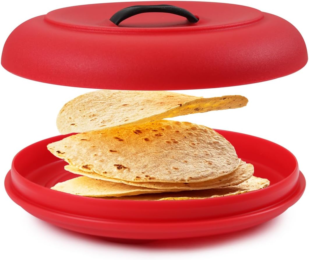 Dexas Tortilla Warmer 8.5x8.5x2.5 Inches, Microwavable Tortilla Warmer, Red Color, Perfect for Warming Tortillas, Bread, Pancakes, Cornbread, Food Warmers, Durable Microwave Tortilla Warmer