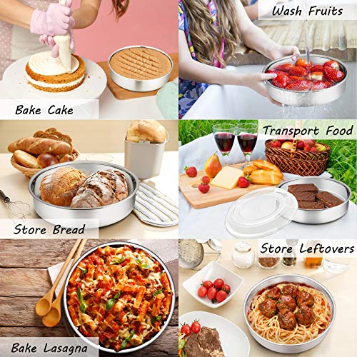 P&P Chef 8-Inch Cake Pan With Lid Set (3 Pans + 3 Lids), Stainless Steel Round Baking Pan For Picnic Wedding Birthday, Leakproof Pan & Raised Plastic Lid, Healthy & Non-Toxic, Dishwasher Safe #TOP3