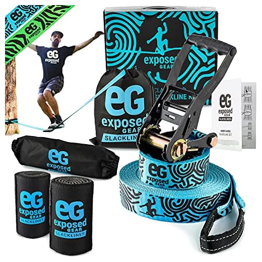 Exposed Gear Slackline Kit with Tree Protectors, High Grade Ratchet + Cover, Set Up Instruction Booklet and Carry Bag | Classic 60 ft Slack Line Set | Perfect Slackline for Kids and Adults