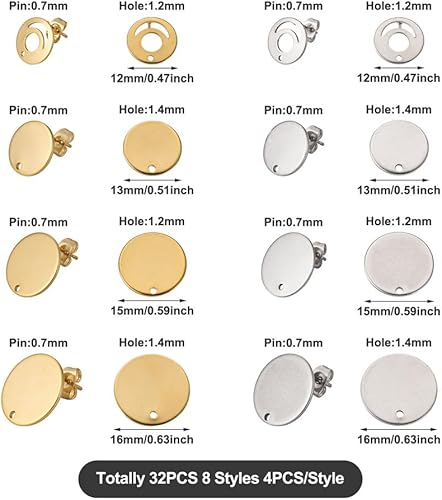 Miniatura 3 de 32 aretes de acero inoxidable 201, aretes redondos planos de acero inoxidable de 24 quilates, con pasador de acero inoxidable 304 para aretes