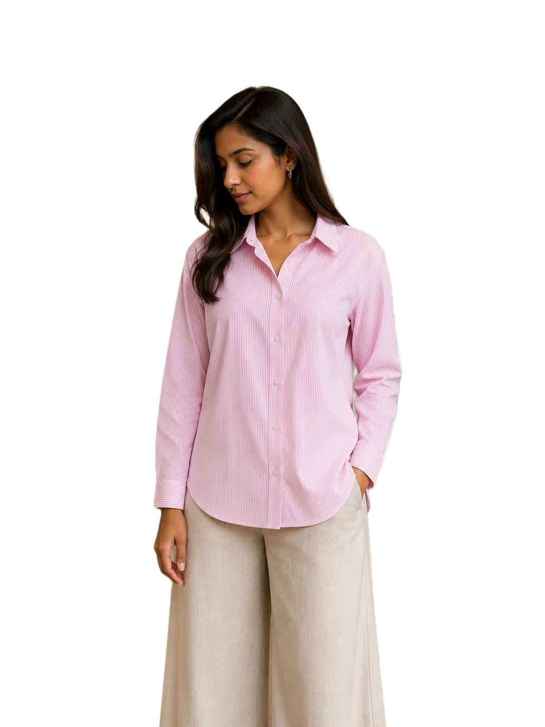 Women's Blue Striped Long Sleeve Button-Down Shirt, Relaxed Fit Collared Top-image-16