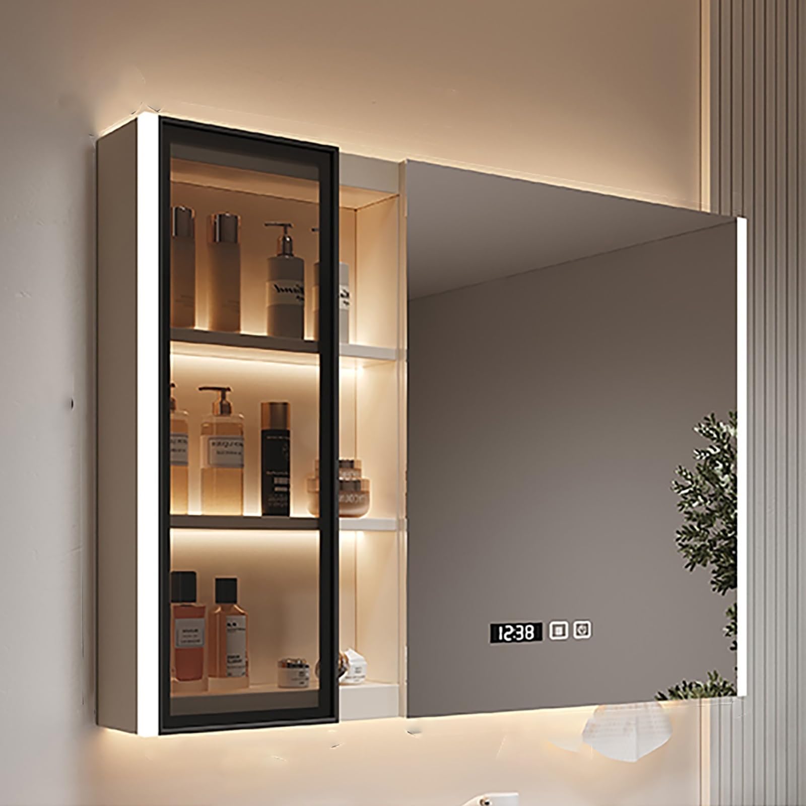 Specchio Da Bagno Con Luce LED, Mobile Bagno Con HD Specchio, Armadietto Da Parete In Alluminio Con Contenitore, Contenitore In Legno Massello(70CM/27.5IN)